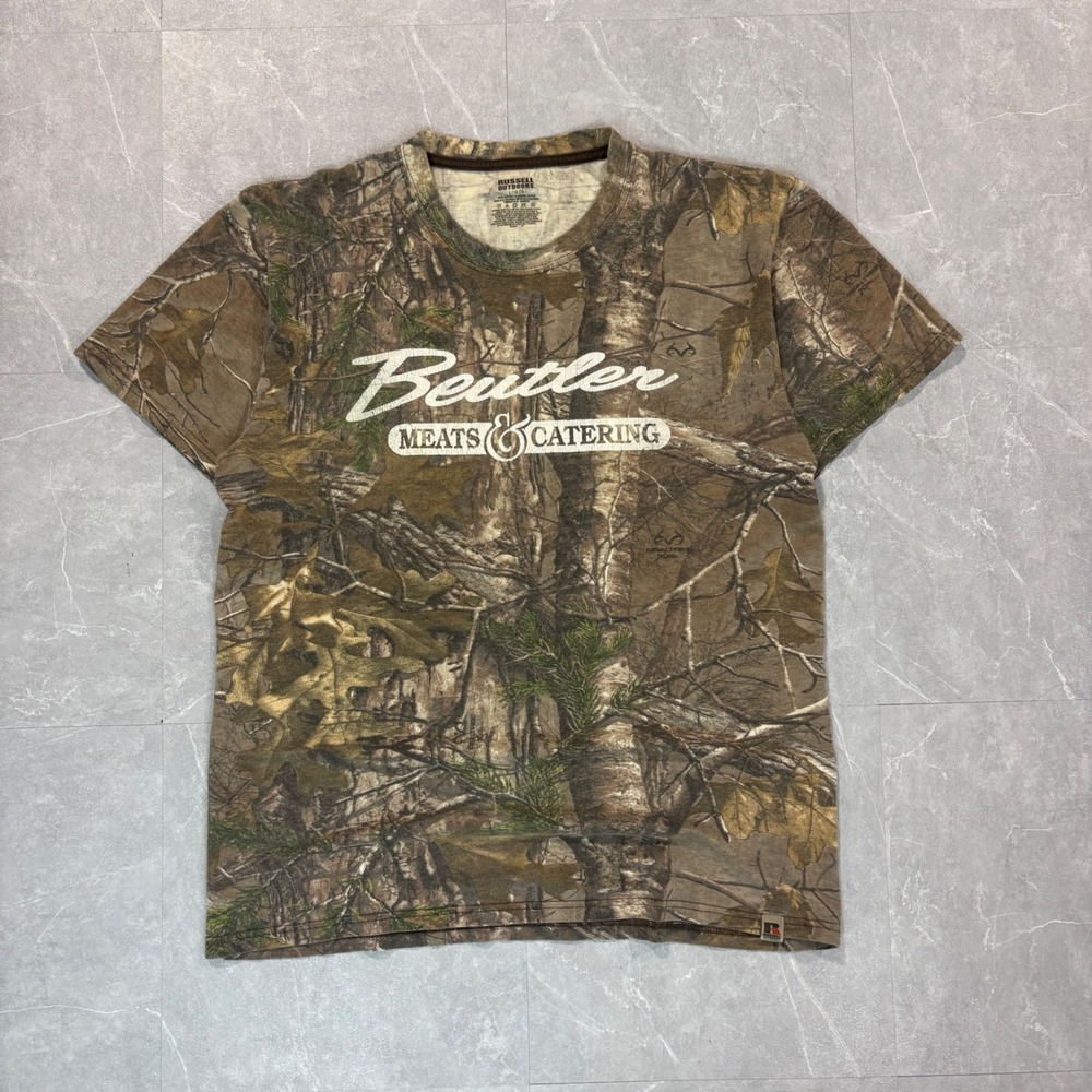 Russell Outdoors Realtree Camo T-Shirt Mens Large Beutler Meats Catering Brown